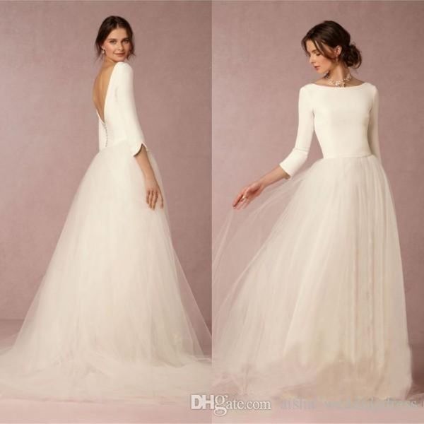 Günstige atemberaubende Winter -Brautkleider Eine Linie Satin Top Backless 2019 Brautkleider mit Ärmel einfacher Design weicher Tüllrock Sweep Tra 256u