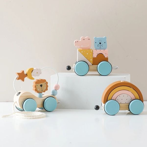 Montessori Toys Block Animal Block Dragging Stars Moon Surround Train Hand Coordenação Empilhando Toy Toy Made Decoration Gifts 240509