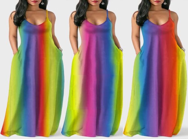 Целая дизайнерская женская одежда Bohemian Rainbow Print Lake Summer Dress Fashion Women Sexy Spaghetti Bess Bodycon Long Maxi 6897204