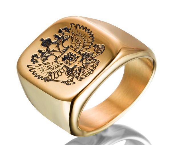 Aço inoxidável Grava 3D Rússia Emblema nacional Double Heads Double Charm Square Ring Ring Hip Hop Fashion Men Jewelry1533585