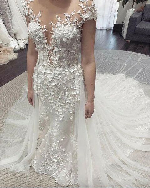 Abiti da sposa sirena treno staccabile plus size 2024 abito da sposa da sposa da giardino con fiore lungo treno in pizzo de mariee sirene