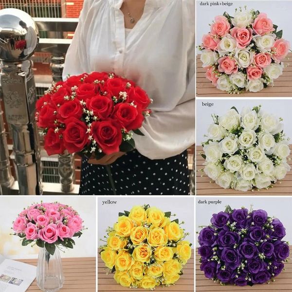 Flores decorativas 18 cabeças de seda rosa artificial Fake Bouquet Party Home Decoration Supplies Festive para varanda da janela