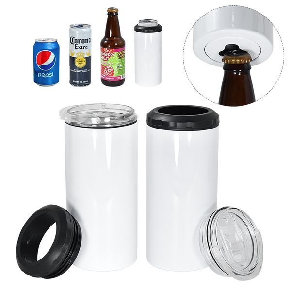 2024 Novos refrigeradores de latas de sublimação brancas 16oz 4 em 1 latas refrigeradores com abridor de garrafas de aço inoxidável