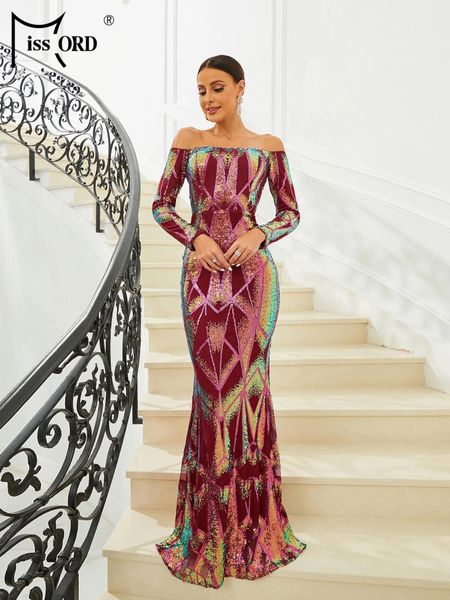 Lässige Kleider Makler 2024 Elegantes rotes Druckpailletten -Pailletten -Prom -Kleid Frauen Slash Hals Langarm Bodycon Meerjungfrau Party Frauen Abendkleid