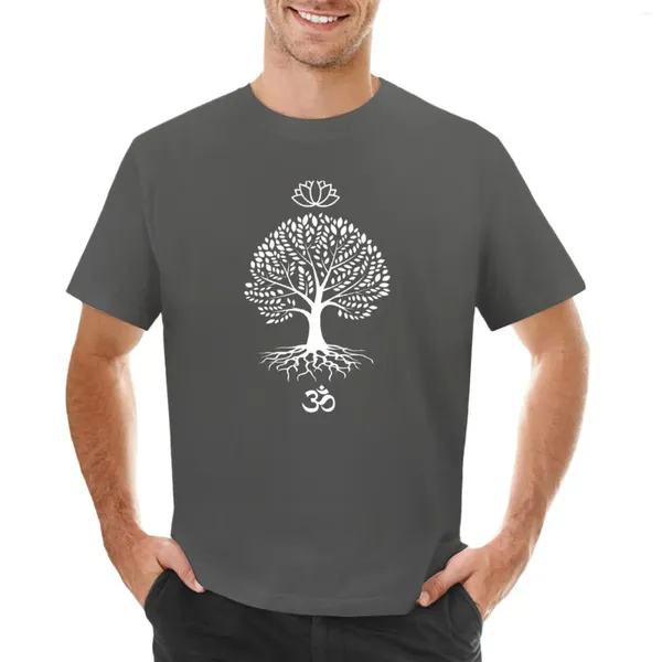 Símbolos espirituais de polos masculinos-Árvore da flor de lótus om yoga design camiseta de camiseta de roupas de verão de verão