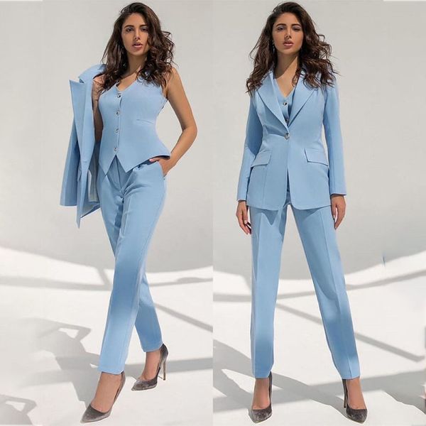 Fashion hellblaue Frauen Anzüge Prom Kleider Drei Stücke Damen Blazer Plus Size Office Smokedos Formale Arbeiten für Abend 166f