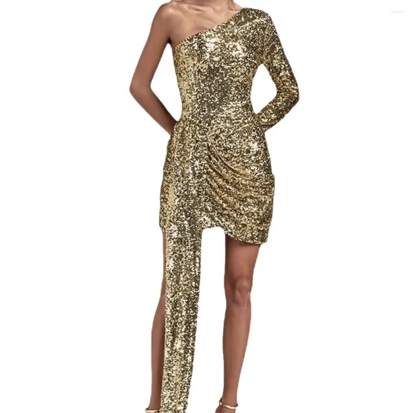 Lässige Kleider Frauen sexy One Schulter Pailletten Slim Fit Kleid Luxuriöses Gold Ribbon Mini verpackt hip Short Shiny Party Clubkleider