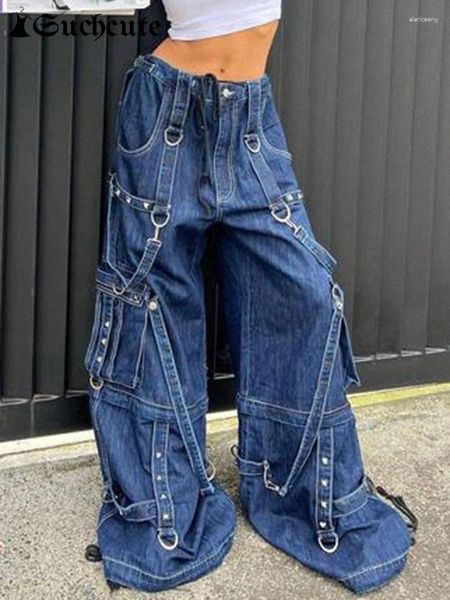Женские джинсы таковая уличная одежда Blue Cargo Wide Women Женщины с низкой талией хип -хоп корейская модная джинсовая баки