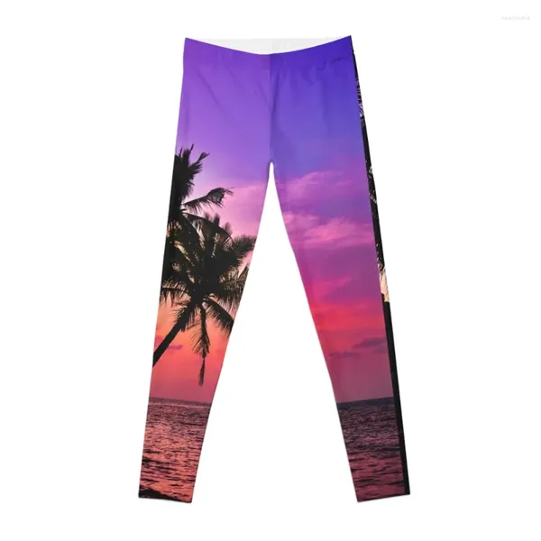 Calças ativas bonitas tropicais de palmeira rosa Sunset Leggings Legging Women Gym Sweatpante Mulher Feminino