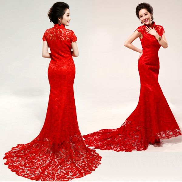 Konventionelle China Cheongsam Brautkleider 2015 High Neck ärmellose Meerjungfrau Brautkleider Sweep Train Applique rotes Hochzeitskleid 248g
