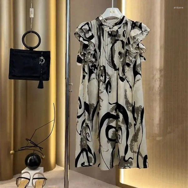 Вечеринки китайская лягушка ретро-женские платья мода в печати плиссированной A-Line Summer Casual Lake Mini Holiday Clothing J336
