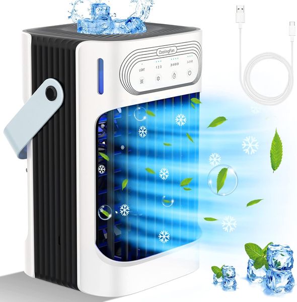 Ar condicionado portátil, refrigerador de ar evaporativo com 10W atualizado, 3 velocidade do vento 7 luz LED, 3 frias frias de 2-8h timer AC, mini-ar de resfriamento de ar pessoal para quarto