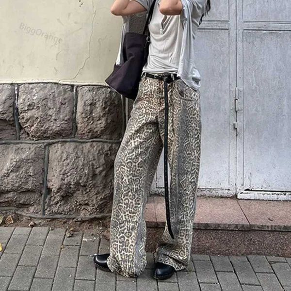 Мужские джинсы American Leopard Wash Женщины y2k Retro Street Hot Girl Свободная корейская стиль повседневная высокая талия прямая джинсовая брюка Q240509