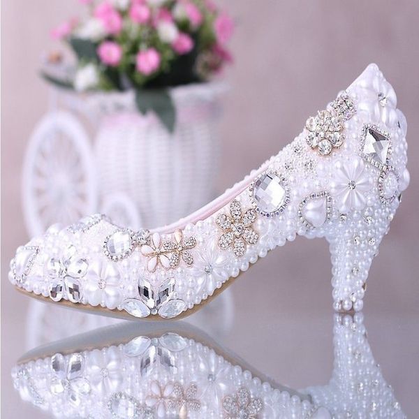 Lussuoso elegante imitazione per perle abito da sposa scarpe da sposa cristallo diamanti scarpe con tacchi basso