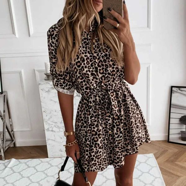 Vestidos urbanos sexy feminino leopardo patch work work work manga longa camisa de lapela vestido de cinto botão up vestido feminino colete d240510