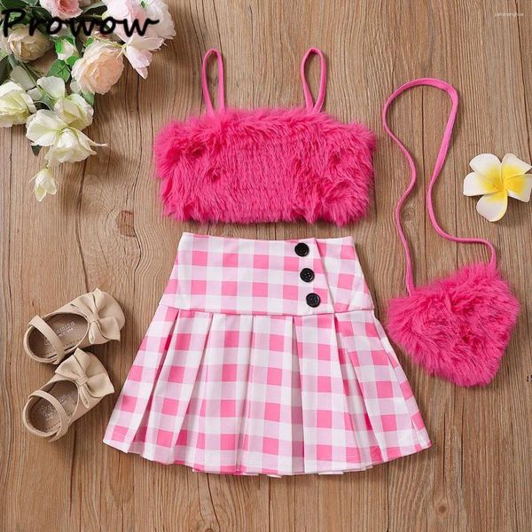 Наборы одежды Prowow Summer Kids Olde Girls Plush Camisole Top Pink Plaid Плессированная юбка с сердечной сумкой детская