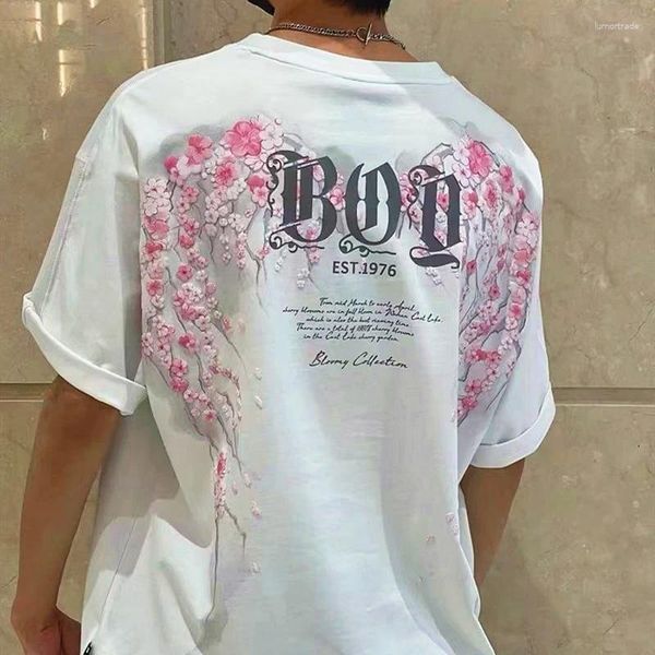 Camisetas femininas Moda Men Men Hip Hop Flor Retro Letter Graphic Cotton Material Oversized Summer Tops Loose Harajuku Tee