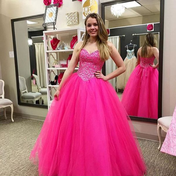 Wunderschöne Fuchsia Tulle Korsett Prom Kleid Schatz Ärmel und Spitzen Applikationen Top Quinceanera Kleider Ballkleid Prom Kleider 337e