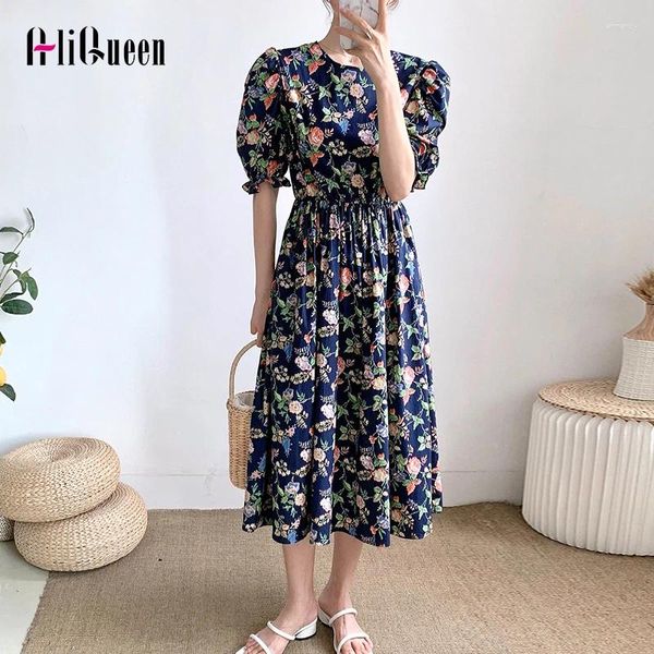 Abiti da festa Summer Women Corea Stampa floreale Sonni per soffio Elastico in vita pazzo abito lungo Elegante femmina Vintage Cotton Vestidos