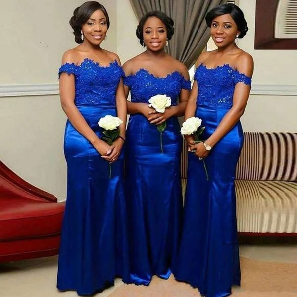 Africano nigeriano Royal Blue Longa Damas de Higida Longa Vestidos de Lace Apliques de Honra Vestido de Vestido de Convidado de Vestido de Noturna Off Lace-Up Back 0510