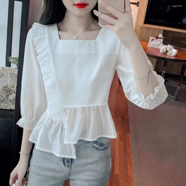 Frauenblusen weiße Bluse Frauen Frühling Sommerhemden Lady Mode lässige Langarm Square Kragen Gaze Rüschen Blusas Tops 2xl