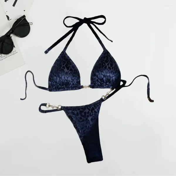 Damen Bikini Set mit Faux Pearl Decoration Chic Leopardendruck Halfter Bra Perlen für Frauen sexy Strandbekleidung