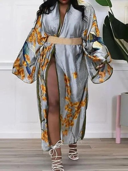 Damen Blumendruck Satinrobe Kimono Strickjacken offener Vorgänger -Deckhöfe Oberbekleidung Roben