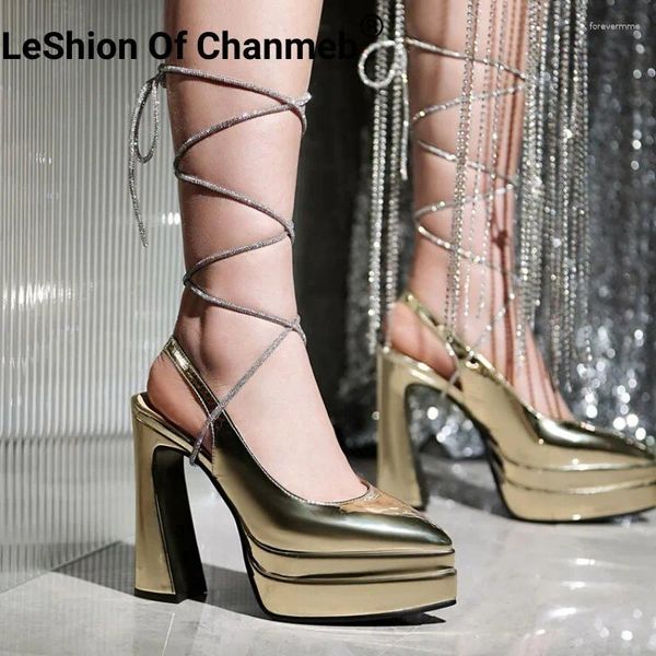 Scarpe eleganti leshion di cuoio chanmeb in pelle brevetta nuda tacchi alti donne donne spesse piattaforma grossa piattaforma oro argento bianco matrimonio 43