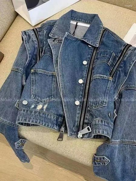 Kadın Ceketler Denim Ceket Kısa Bahar Ceket Yelek Çıkarılabilir Kollu Üst Katlar Jeans Kadın