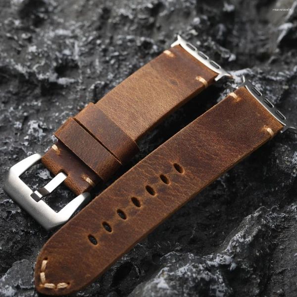 Assista Bandas Vintage Tan Crazy Horse Horse Leather Bracelet 42mm 44mm 45mm 49mm Adequado para Apple 6 7 S8 Ultra Chour Chide Alça