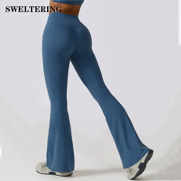 Calças ativas flage leggings ioga pocket mulheres na cintura larga pernas de perna de ginástica esportes de fitness esportes calças de dança de calça de calça