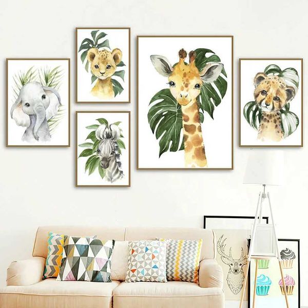 Ute Lion Giraffe Zebra Cheetah Jungle Tier Wandkunst Leinwand Nordisches Postermalerei und gedruckte Bilder Kinderzimmer Dekoration J240505