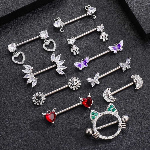 Anelli di capezzolo 1 coppia Anelli per capezzoli con bilanciere in acciaio inossidabile CZ CATTO ROBOT GATTO Sun Moon Butterfly Bamppero Piercing Gioielli Womens Fashion Y240510