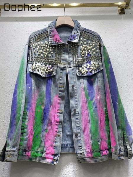 Damenjacken Mode schwere Industrie handbemalte Nieten mit Diamonds Denim Jacke Frauen 2024 Spring Herbst Street Wear Longleved Coat