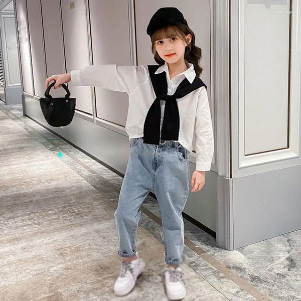 Roupas conjuntos de ternos femininos 2024 Primavera e outono Coreano Roupas de moda Camisa Jeans 2pcs Big Kid Teenagers Children's Children