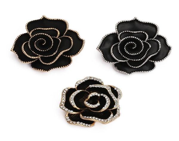 Pimler Broşlar Yüksek Kaliteli Vintage Siyah Camellia Broş Pin Rhinestone Gül Çiçeği Kadın Mücevherleri Üzerinde Mücevher3669718