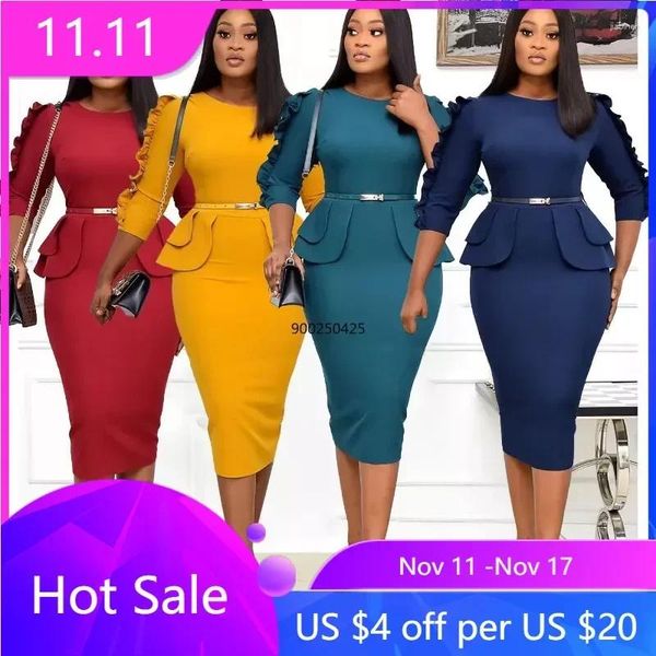 Roupas étnicas 2024 Autumn moda estilo feminino africano vestidos de cores sólidas para