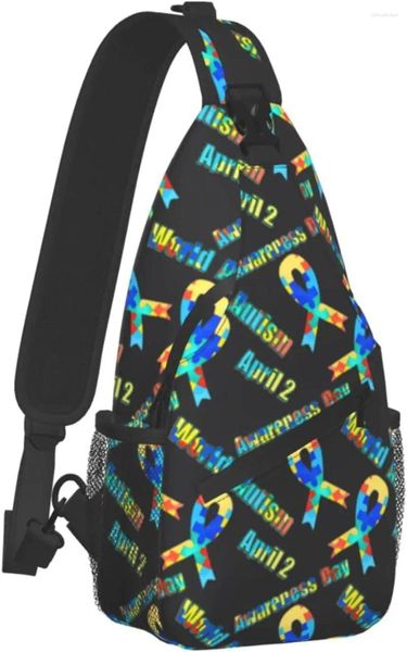 Backpack Sling Casual Chest ombro colorido quebra -cabeça Autismo Ribbon preto