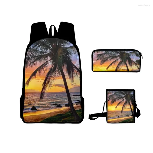 Backpack Fashion Trendy Coconut Tree 3D Stampa 3pcs/set di borse per la scuola di pupilla Laptop Daypack Case a matita con spalla inclinata