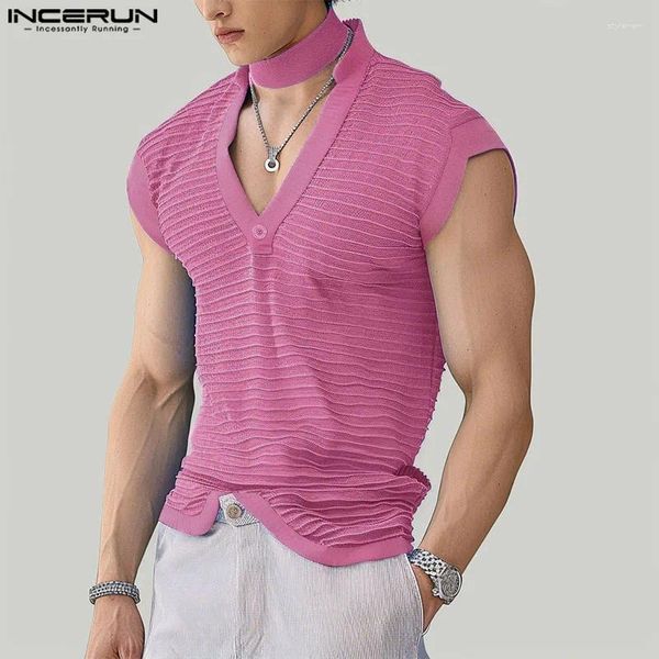 Erkek Tişörtleri Incerun Üstler 2024 Kore tarzı moda v yaka çizgili doku Camiseta Casual Clubwear Erkek Kolsuz T-Shirts S-5XL