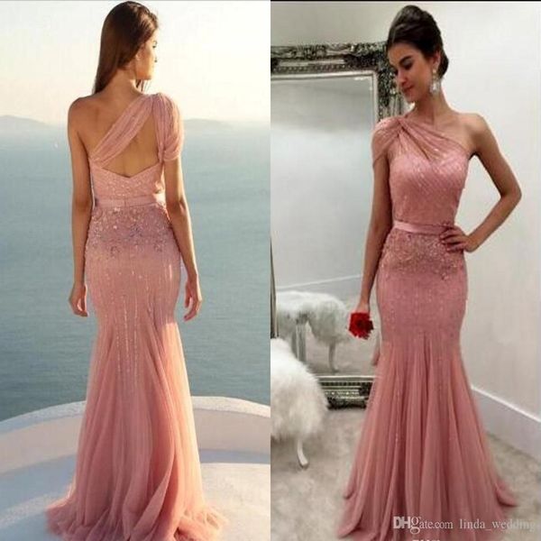 2019 mais recente chique em um ombro blush rosa baest vestido sem mangas longas férias formais use graduação no vestido de festa de noite personalizada mais 280r