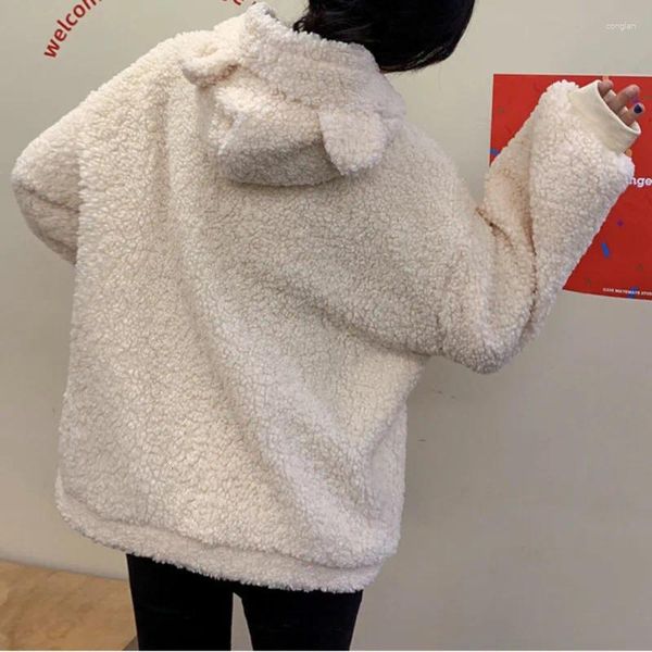 Frauen Hoodies Herbst Winter Frauen grün Beige Zip-up Sweatshirt Kawaii Fleece Kunstfell Langarm Langarm Kapuze mit Teddybärenohren weich weiß