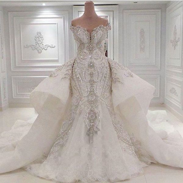 Luxury 2020 Abiti da sposa a sirena in pizzo reale con overkirt staccabile Dubai Ritratto arabo cristalli scintillanti Diamonds Bridal Go 307D
