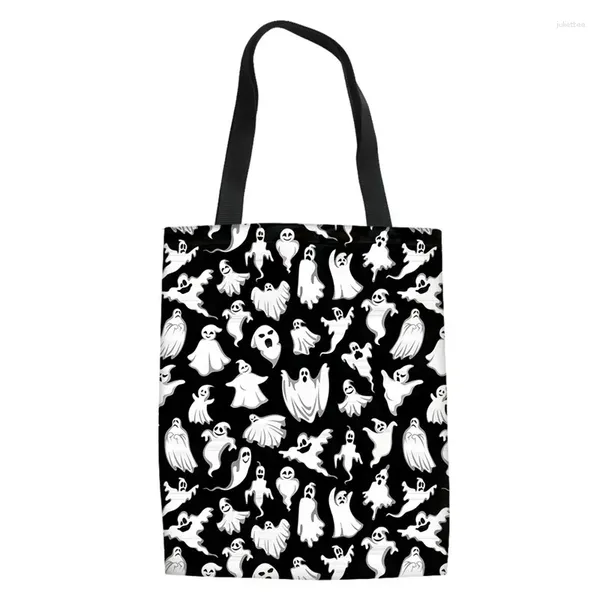 Einkaufstaschen Halloween wiederverwendbarer Lebensmittelkürbis -Geister -Schädel -Fledermaus -Design -Leinwand -Tasche Mode Frauen Einkaufssäcke Bolsa Sacola