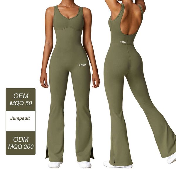 Lu yoga bodysuit hizalanma tulum 2024 BRA BRA TALL Women's Slit Açılış Flare Pants ile Tek Parça Kıyafet