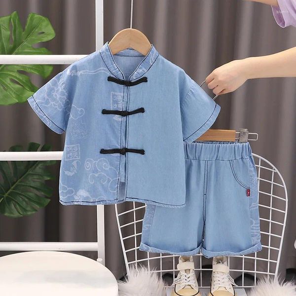 Одежда Sets Boys Summer 2024 Детские джинсовые рубашки шорты 2pcs модный костюм для детских спортивных костюмов детей пробегают наряды малыш 5