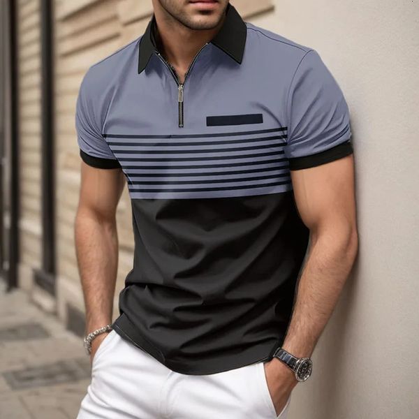 Herren Sommer kurzärmeliges Lappel 3D Digital bedrucktes Polo -Hemd mit gefälschten Taschenschnalle Herren Business Casual Reißverschluss Top 240418