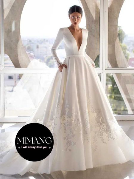 Дизайнерский с длинным рукавам атласное главное свадебное платье 2024 Новый Deep V-образный невест темперамент простой стиль простой стиль