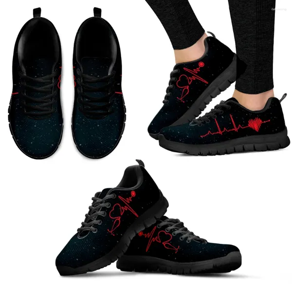 Sapatos casuais instantarts design design preto solo solo de enfermagem feminina vermelha ekg tênis de impressão de impressão confortável verão zapatos planos