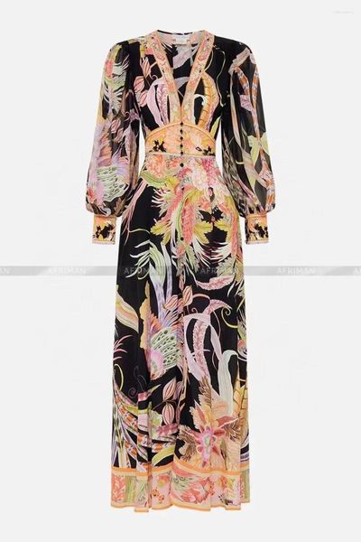 Lässige Kleider Frauen böhmischer Stil schwerer Perlen V-Ausschnitt Laternenhülle Retro Print Seide Langes Kleid